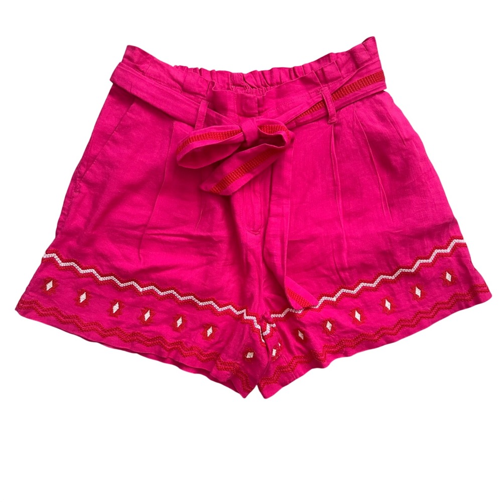 Boho Loft Embroidered Linen Blend Paperbag Waist Shorts M Pink Festival